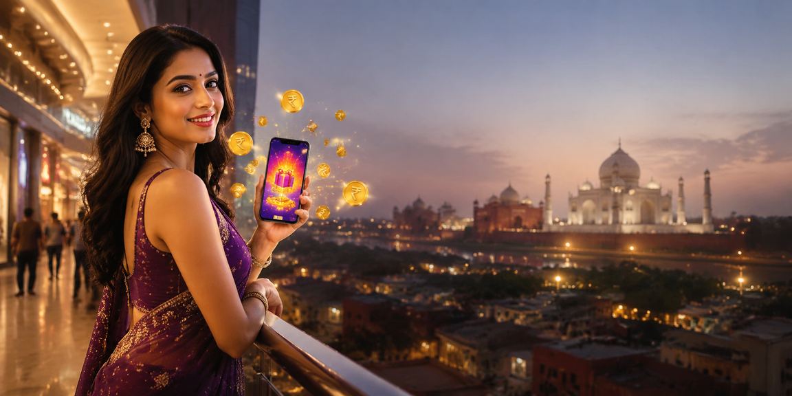 Taj Mahal background with casino app and rupee symbol