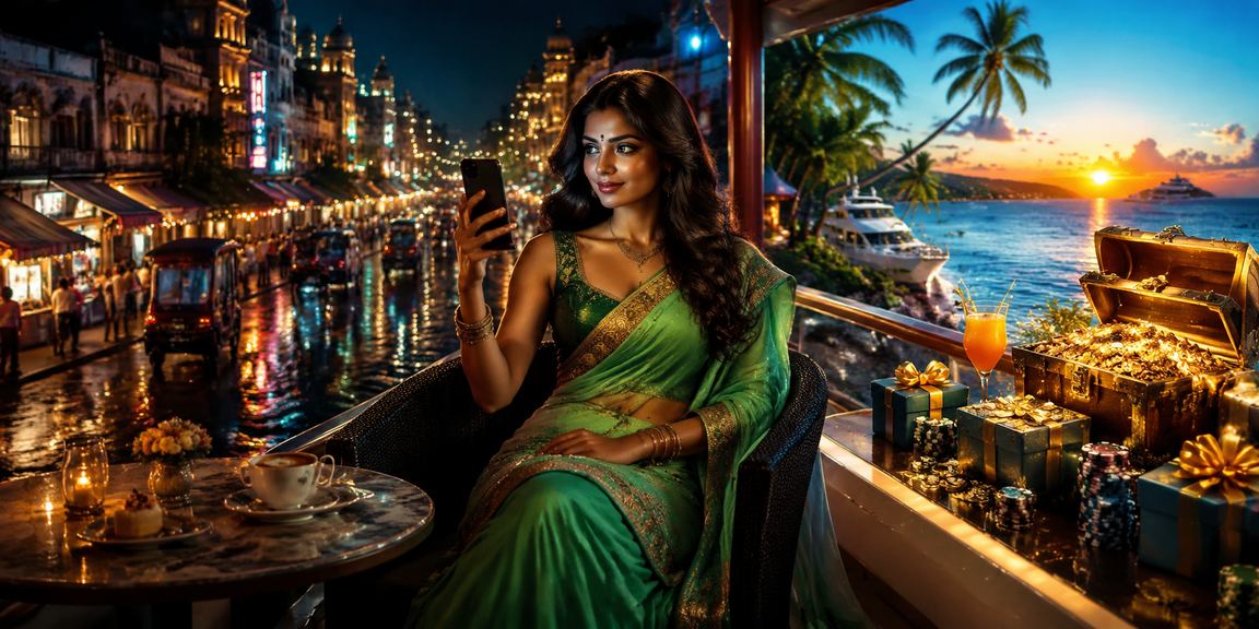 Indian woman using mobile casino app in colorful saree